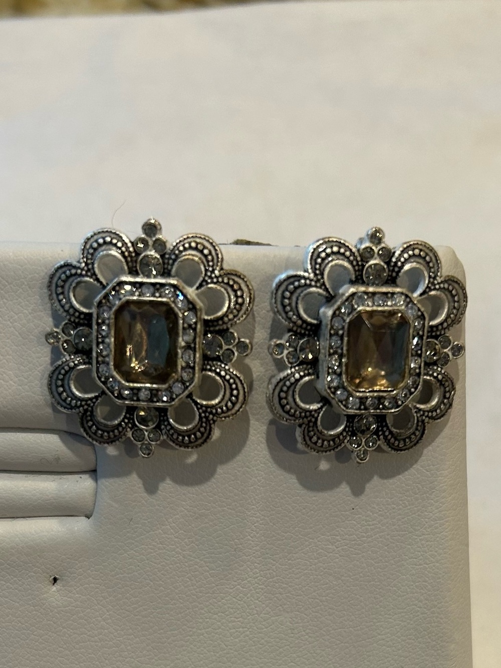 Vintage Avon Marcasite Floral Earrings with Topaz-Colored Center Clip On